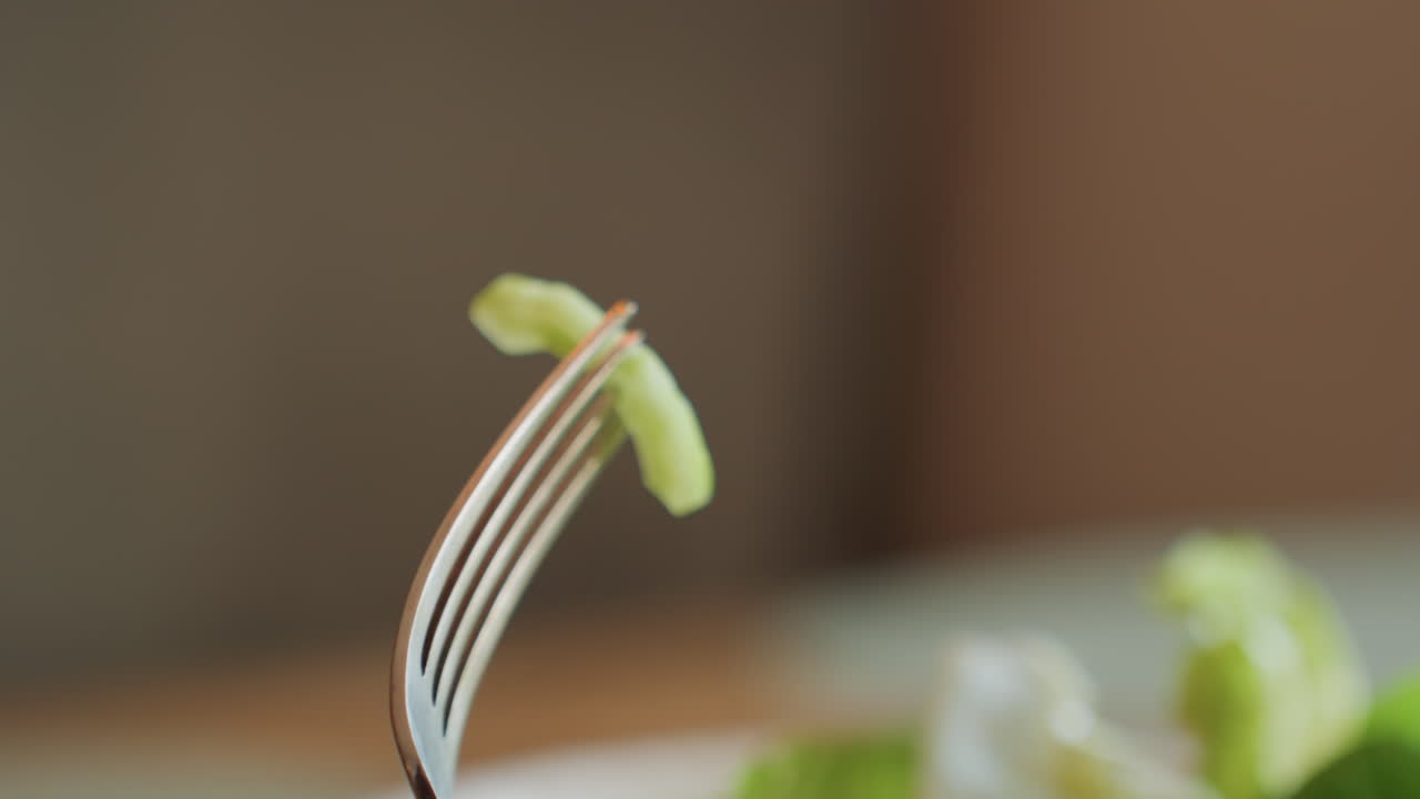 Closeup fork with lettuce piece, blurred background, crisp green leaf hovering above plate, gentle natural light, minimal composition, slow meditative bite, healthy lunch scene, stainless fork
