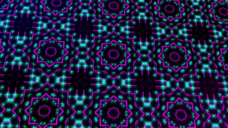 Animated illustration light shinning pink and blue dots and stars square shapes.