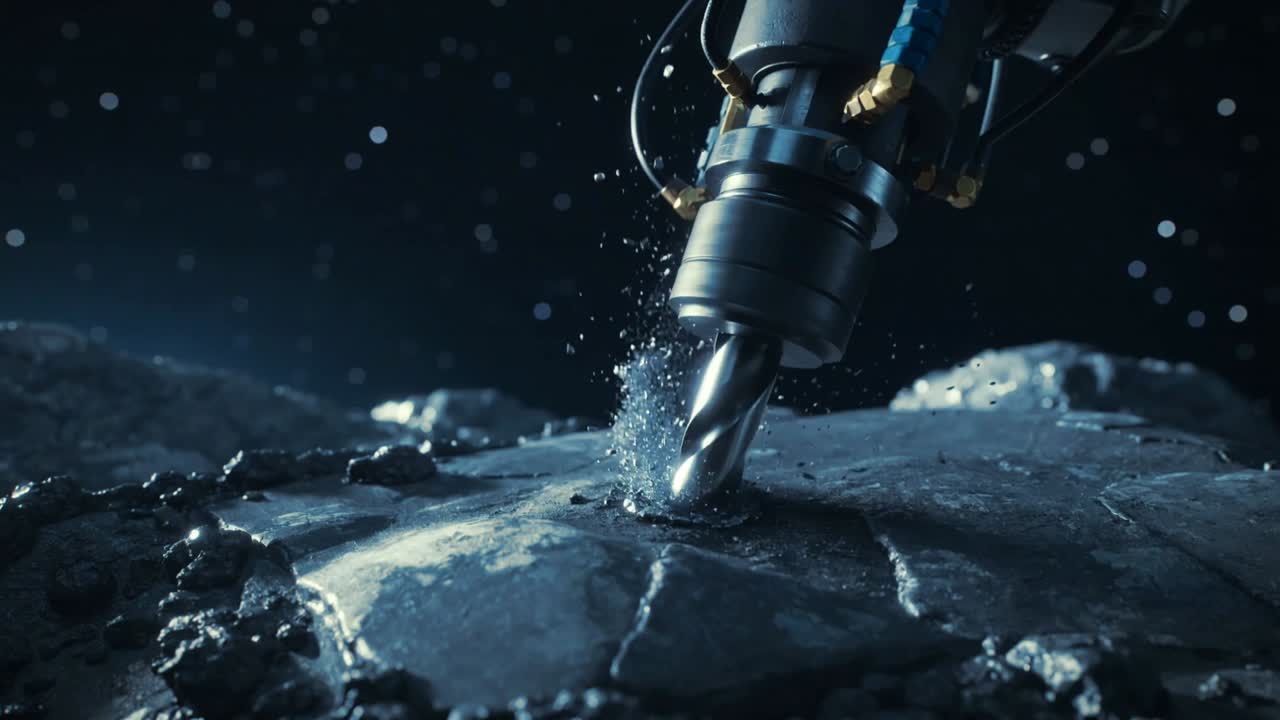 Contacting robotic drill bit cutting into moon rock at cold vacuum surface, ejecting debris plume