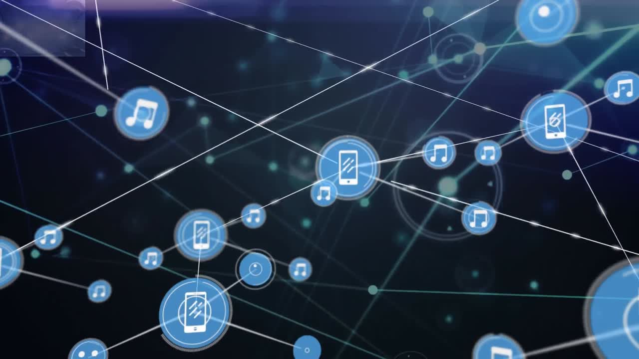 animación de una red de iconos digitales contra rastros de luz sobre fondo azul