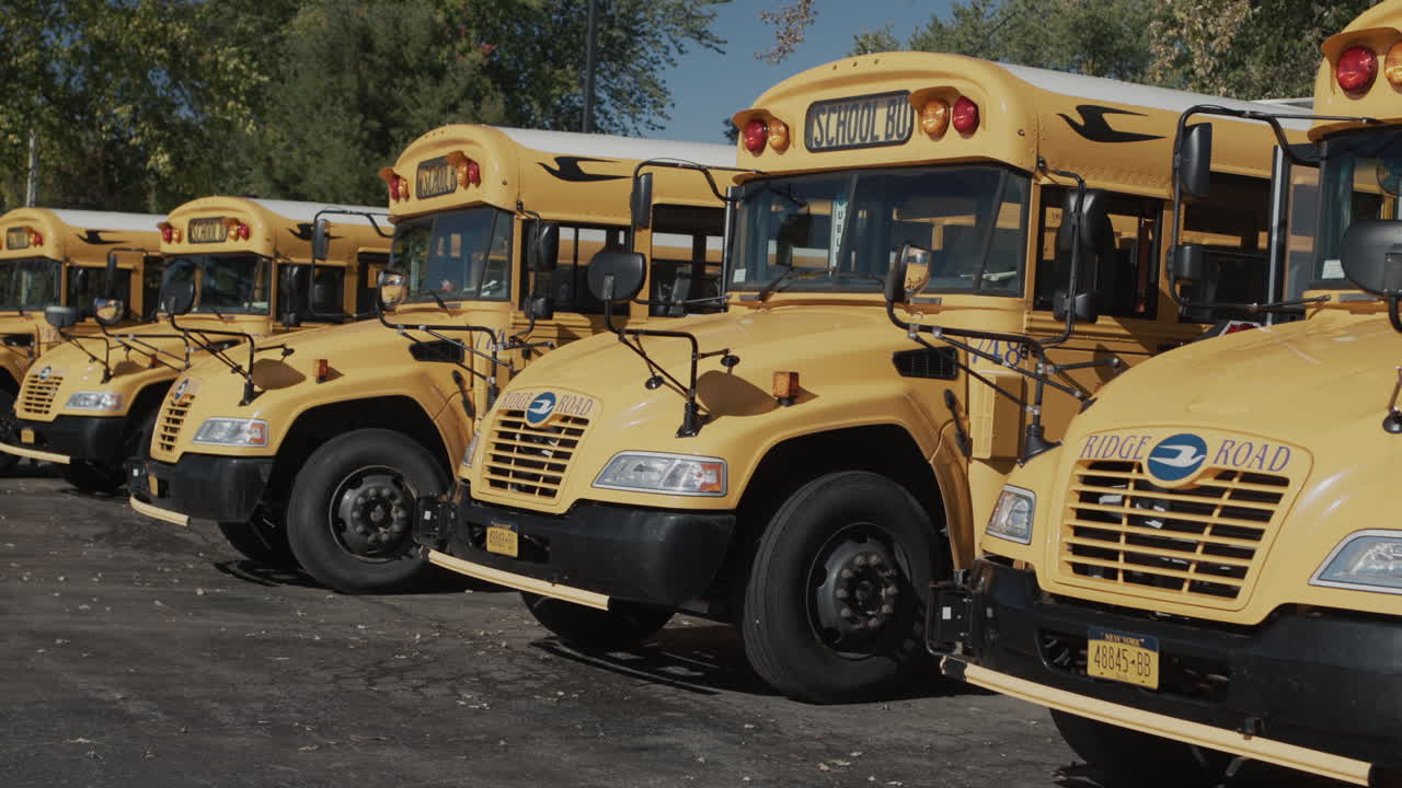 Wilson, NY, USA, October 2021: A row of yellow school buses stand in the parking lot