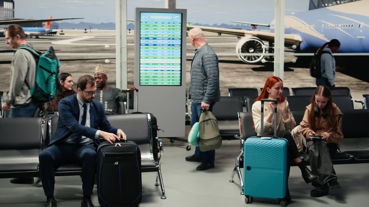 Tidsforløb af rejsende, der går i en travl lufthavnsafgangsterminal, hurtig bevægelse.