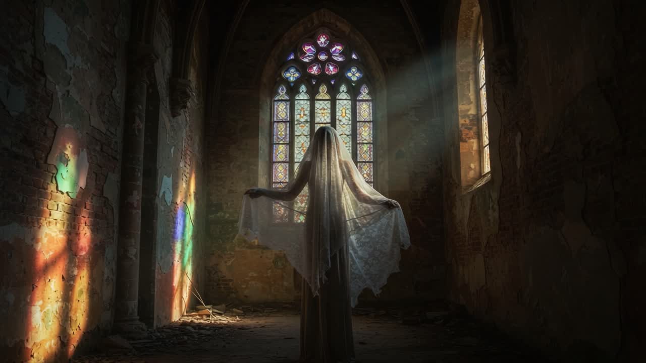 A ethereal figure in a flowing veil stands in an abandoned church, illuminated by colorful rays of sunlight streaming through a stained glass window, evoking a sense of mystery and beauty