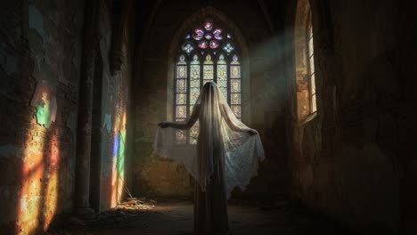 a ethereal figure in a flowing veil stands in an abandoned church, illuminated by colorful rays of sunlight streaming through a stained glass window, evoking a sense of mystery and beauty