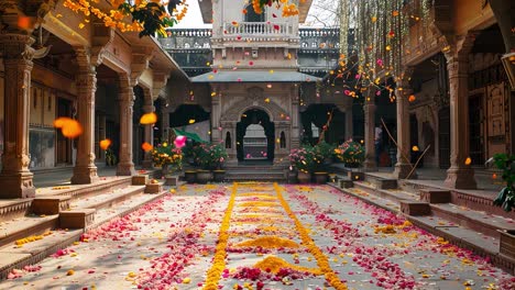 courtyard adorned with flower petals in a traditional temple