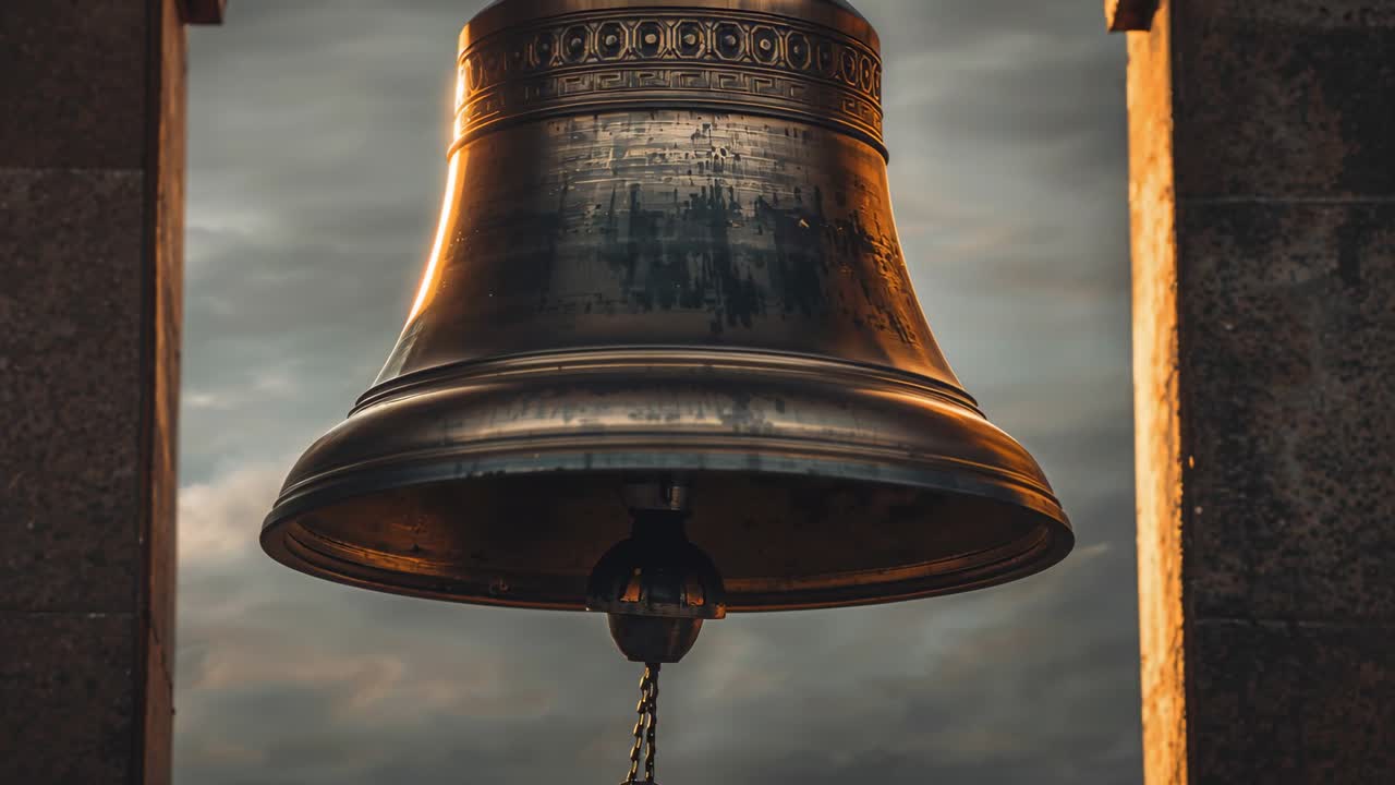 Grande sino de bronze a balançar, respondendo aos toques do badalo na abertura do campanário, visível com a corrente e as nuvens.