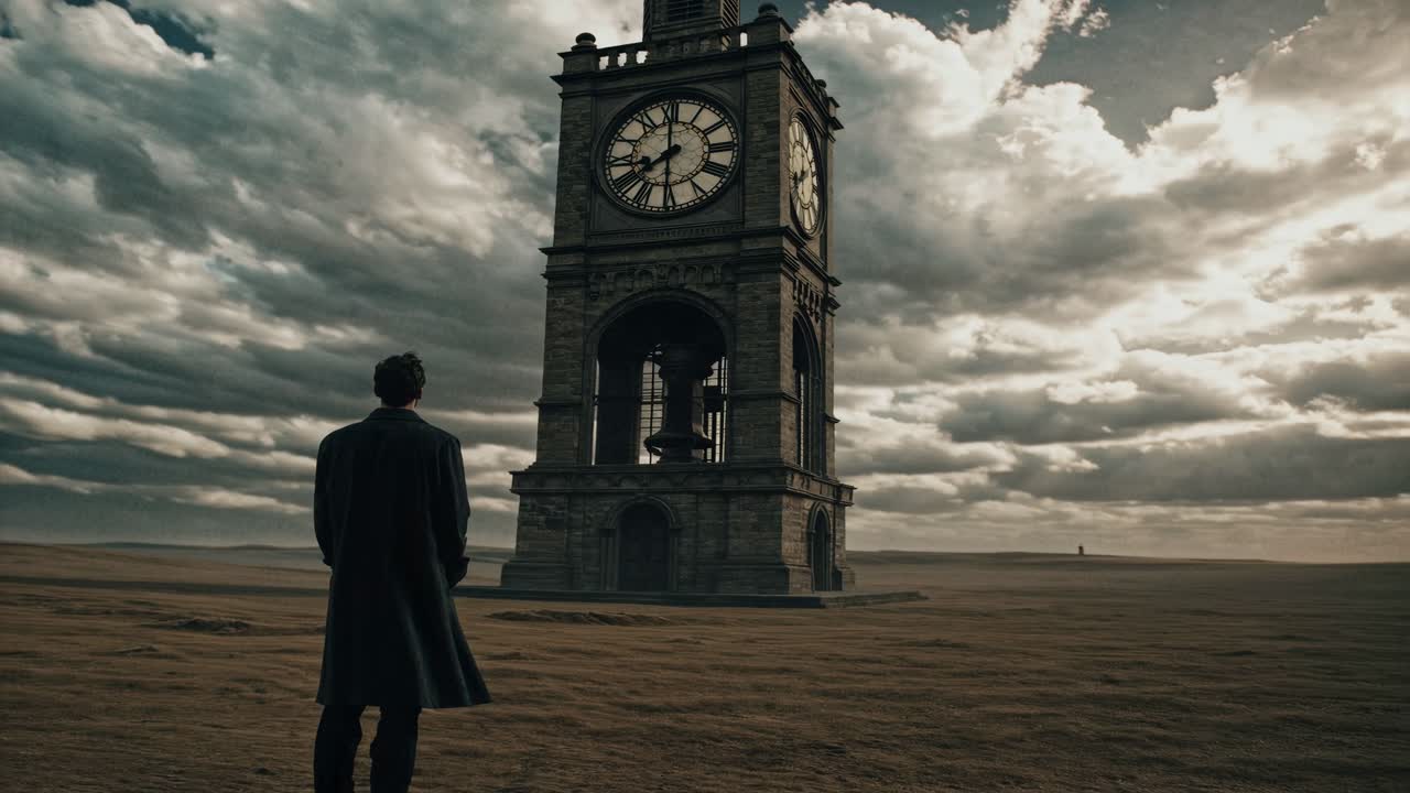 Lonely traveler wearing vintage long coat standing amid desolate terrain, gazing at weathered gothic clock tower under brooding stormy sky, symbolizing isolation and temporal passage