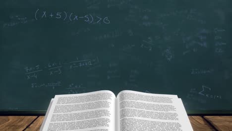 open book against mathematical equations on black board