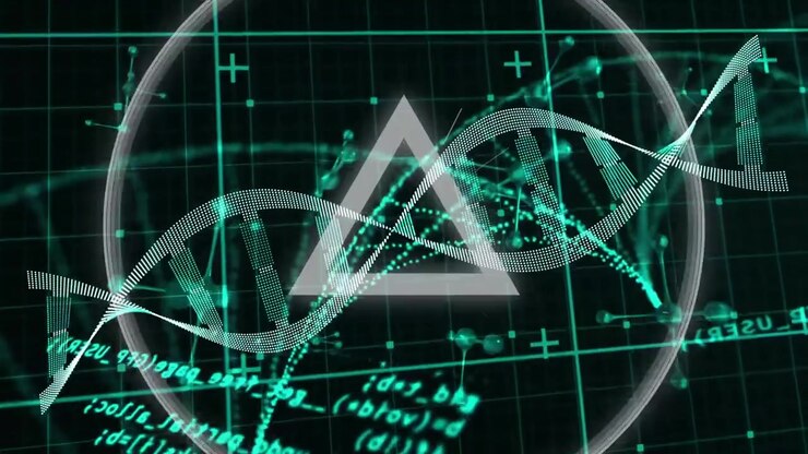 Glifo triangolare luminoso, nastro a doppia elica che ondeggia attraverso un anello, codice che si sposta, mostrando dati