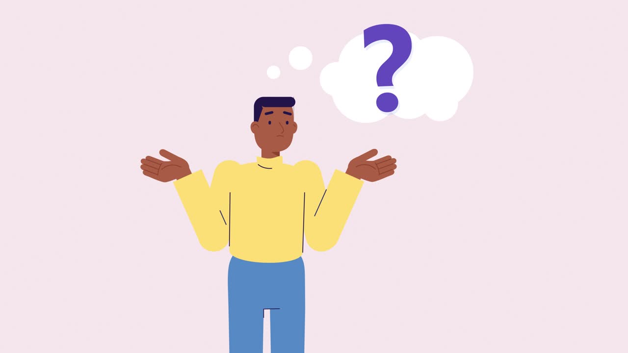 생각하고 답을 찾는 사람, 어깨를 끄덕이는 사람, 불확실성, 질문, 해결책이 없는 개념, 은 캐릭터 애니메이션, 절망감, 절망, 그의 얼굴에 좌절감