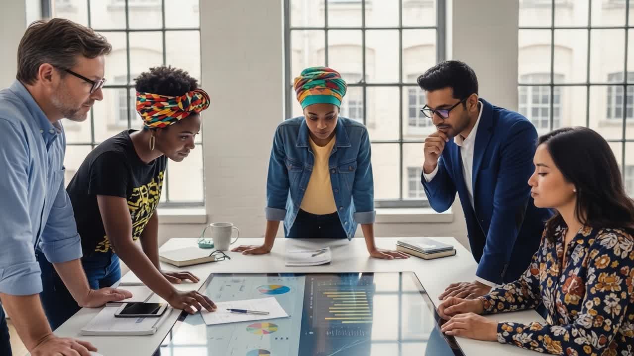 A Diverse Group Collaborates in a Modern Workspace, Engaging with Interactive Technology and Analyzing Data, Fostering Innovative Solutions and Ideas