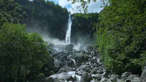 Scenic-Waterfall-Near-Town-Of-Foroglio,-Ticino,-Switzerland---wide