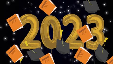 animation of graduation caps and books over 2023 text and stars on black background