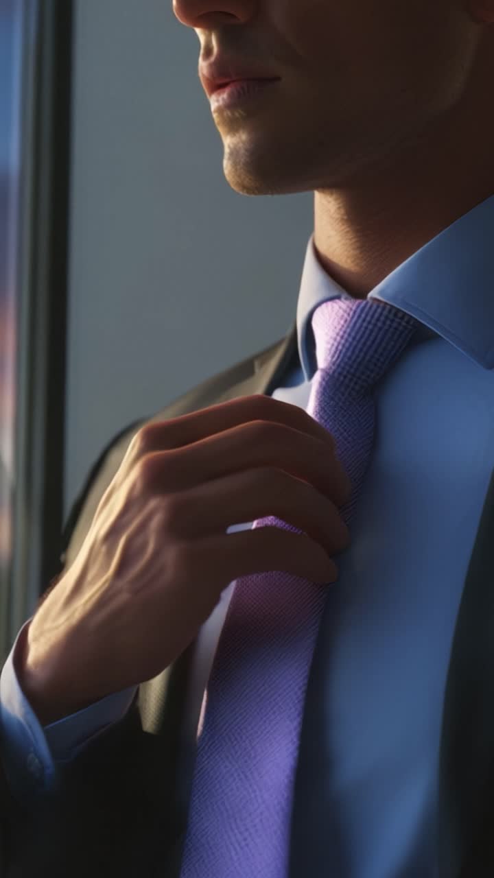 Un hombre sofisticado ajustándose la corbata en un entorno refinado, mostrando una elegancia moderna y atención al detalle en su atuendo formal y aseo personal