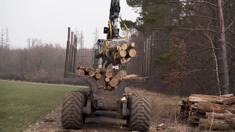 grapple loader grappling and unloading logs on pile by forest road