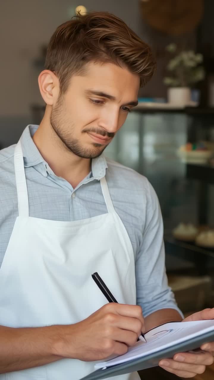 Vertical video: Picking up pen cafe attendant jotting pastry details at cafe counter, with display