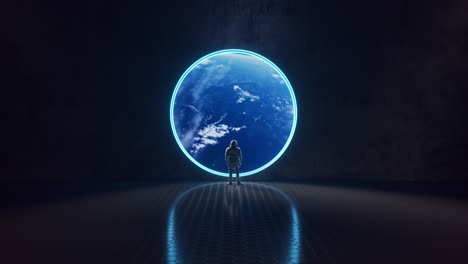 astronaut looking through a portal to earth