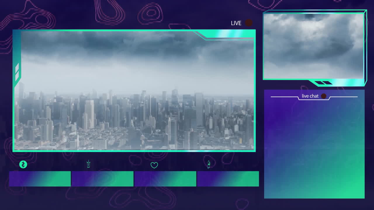 animación del procesamiento de datos en pantallas sobre el paisaje urbano