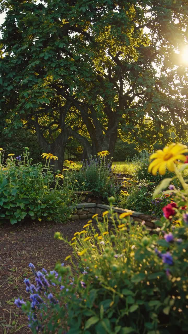Uma cena serena de jardim capturada em um ângulo baixo, exibindo flores vibrantes e vegetação exuberante, perfeito