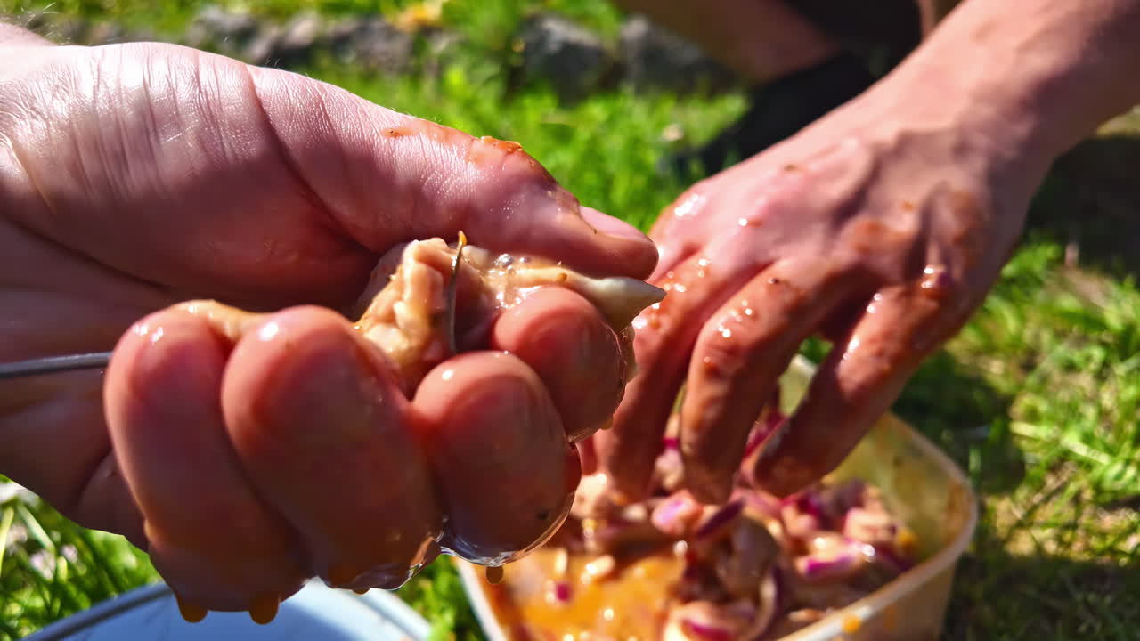 Making BBQ skewers meat food, marinated food beef chicken cooking outdoor