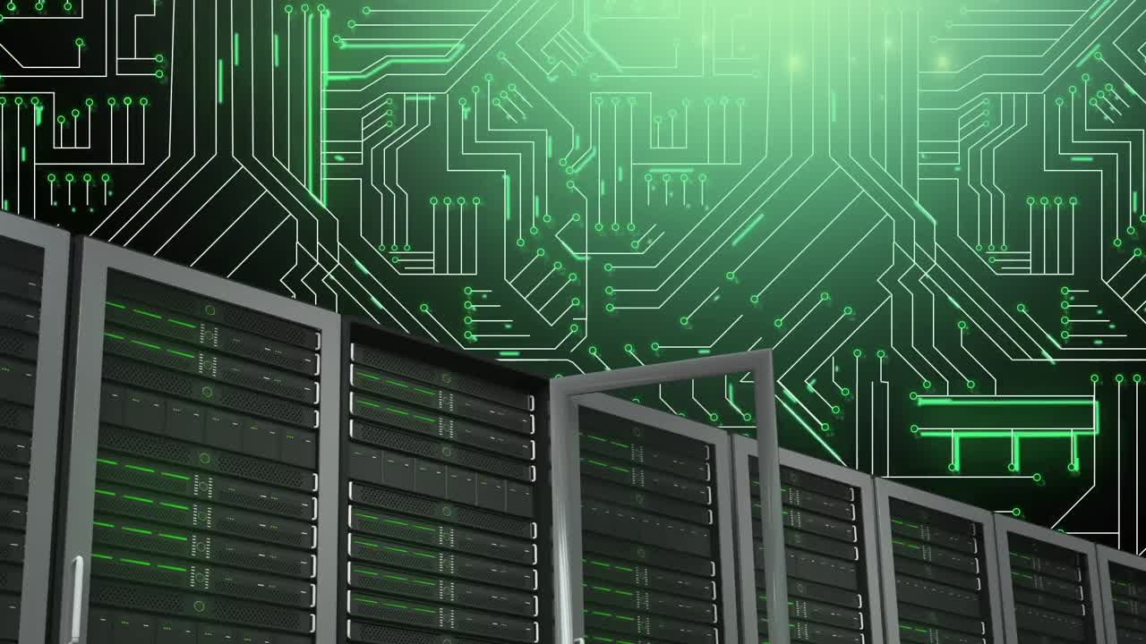 Mainframe computers and glowing green circuit board