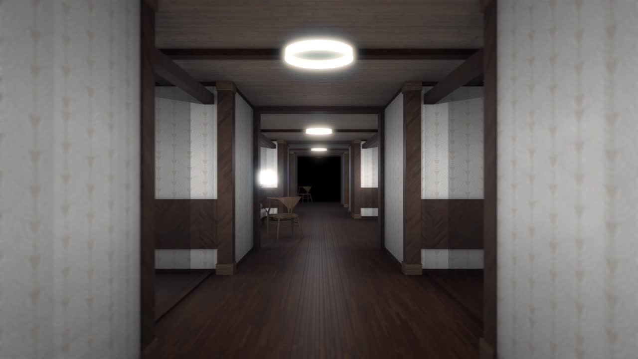 벽, 바닥, 의자, 소파 및 램프를 가진 구식 건축물의 추상적인 인테리어, 3d 애니메이션, 광학 착각 효과와 함께 설계 된 끝없는 홀의 3d 배경, 원활한 루프