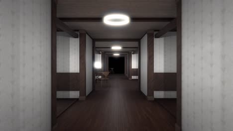 abstract interieur van ouderwetse architectuur met muren, vloer, stoel, bank en lampen. animatie. 3d-achtergrond van ontworpen eindeloze zaal met optische illusie-effect, naadloze lus