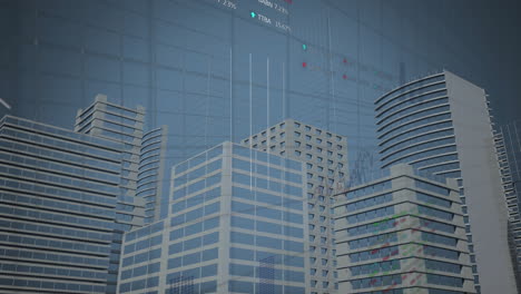 animation of financial data processing over cityscape