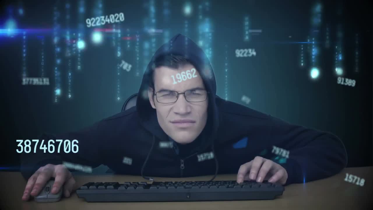 animación de números y procesamiento de datos sobre hacker caucásico usando computadora