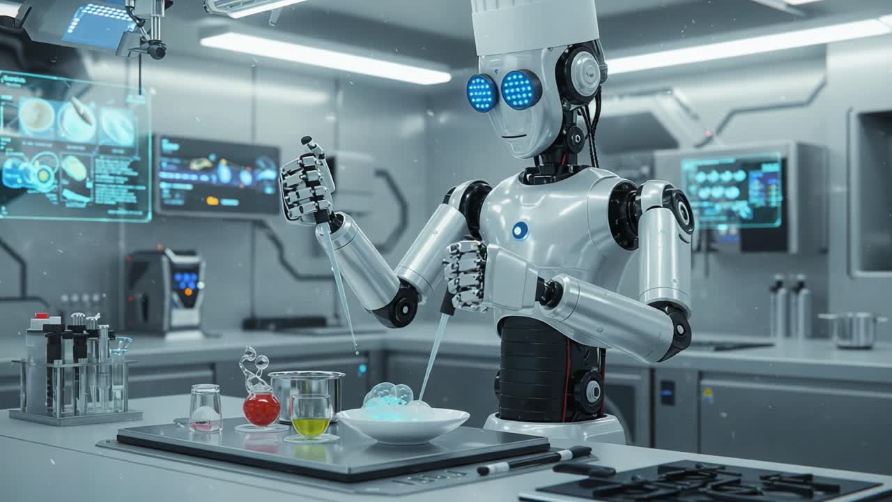 A futuristic robotic chef skillfully prepares a colorful culinary concoction in a high-tech laboratory kitchen, highlighting innovation and creativity in gastronomy