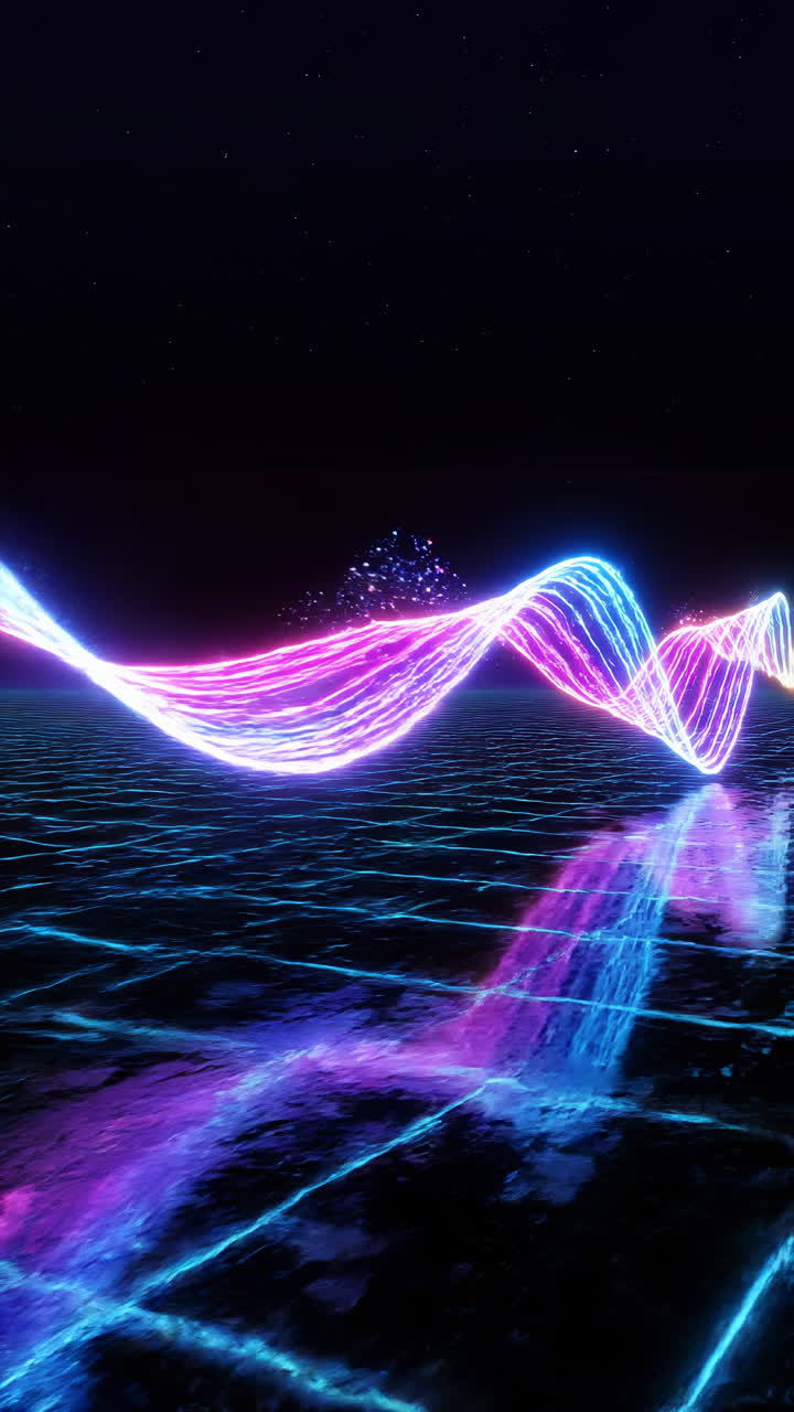 Dynamic Glowing Neon Wave Flowing Over a Reflective Digital Grid