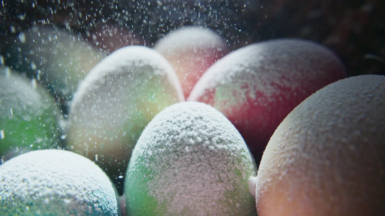 Close-up de ovos de Páscoa com neve