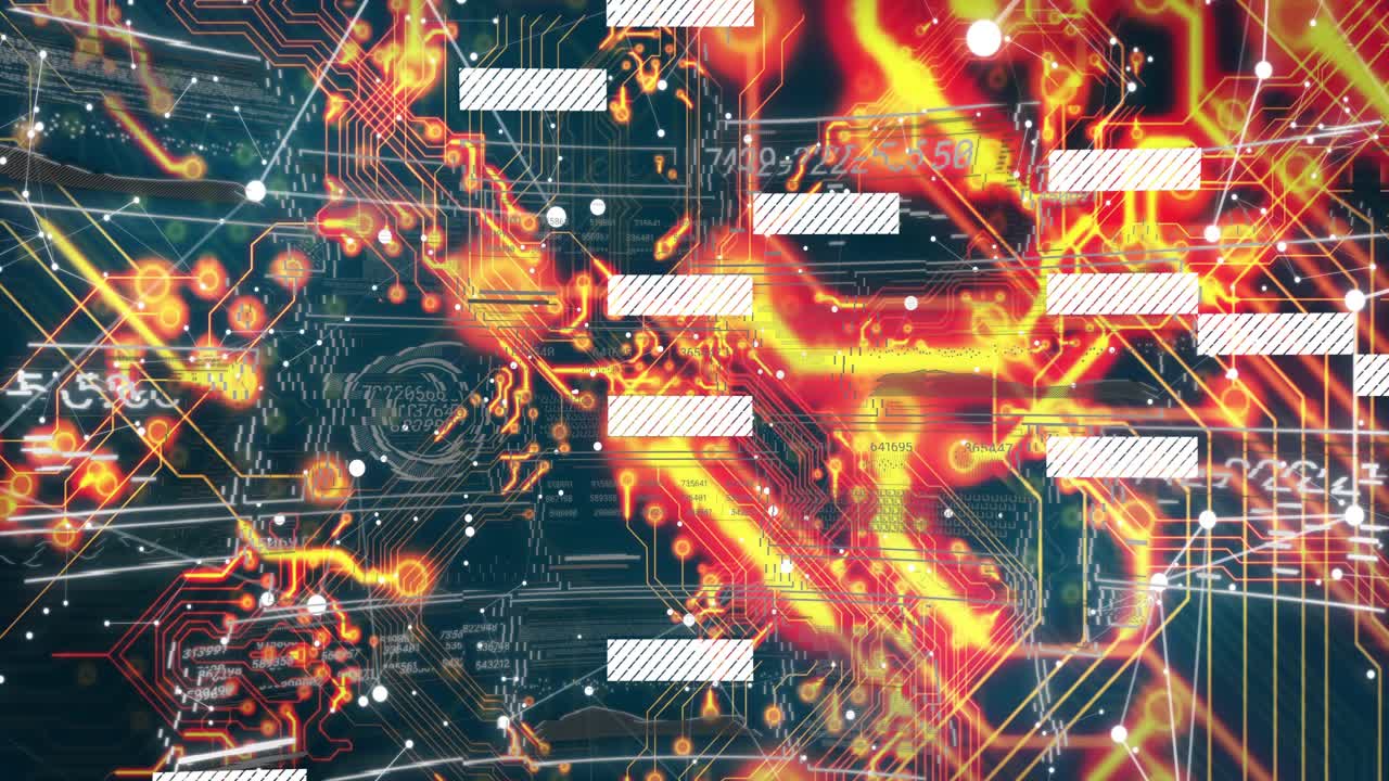 Numeric overlays appearing glowing circuit pulsing and white data blocks sliding showing net flow