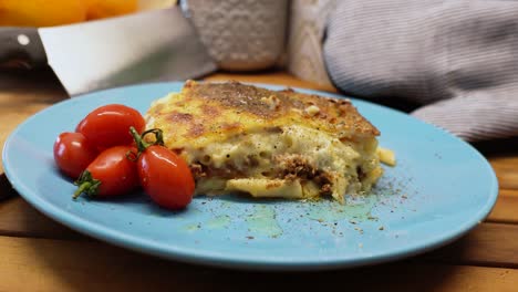 greek food pastitsio blue plate panning