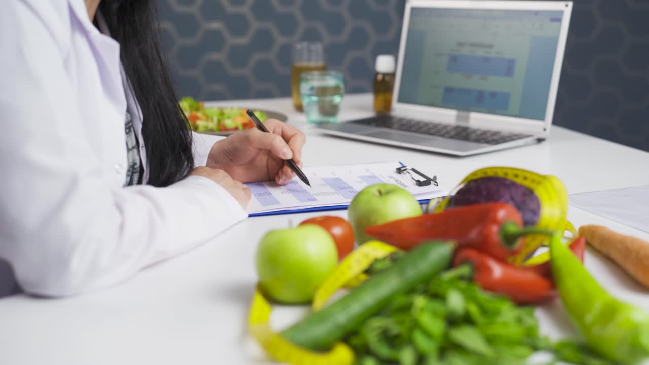 dietista de investigación. examina las verduras y toma notas.