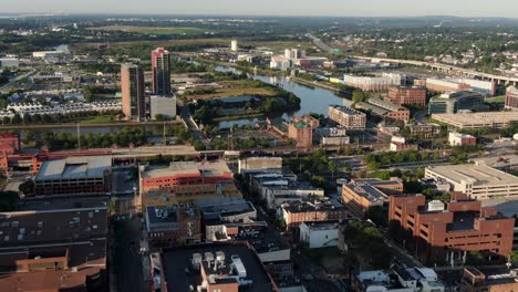 Establishing-shot-of-Wilmington-Delaware-and-Christina-River,-hometown-of-Vice-President-Joe-Biden,-largest-city-in-Delaware-USA,-aerial-drone-perspective