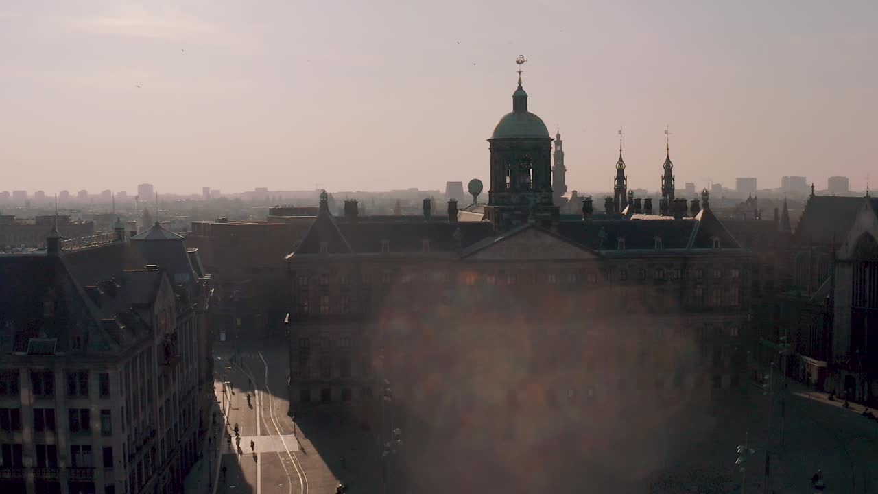 Drone flies in slow motion over amazing European city with traditional buildings