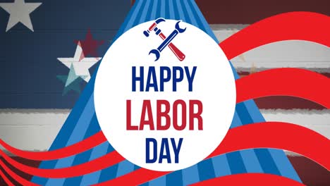animation of happy labor day text over american flag stars and stripes