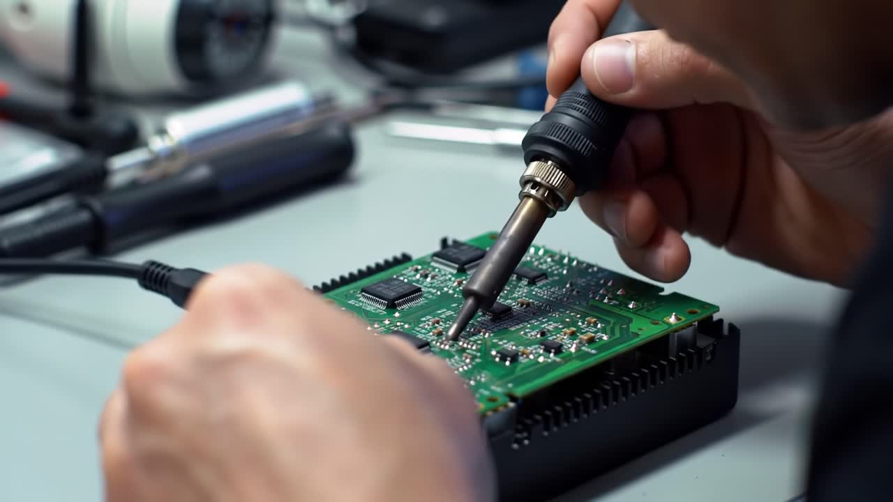 A technician is meticulously soldering components onto a green circuit board in a well-equipped electronics workshop. Tools are scattered around as focus is on the delicate task.