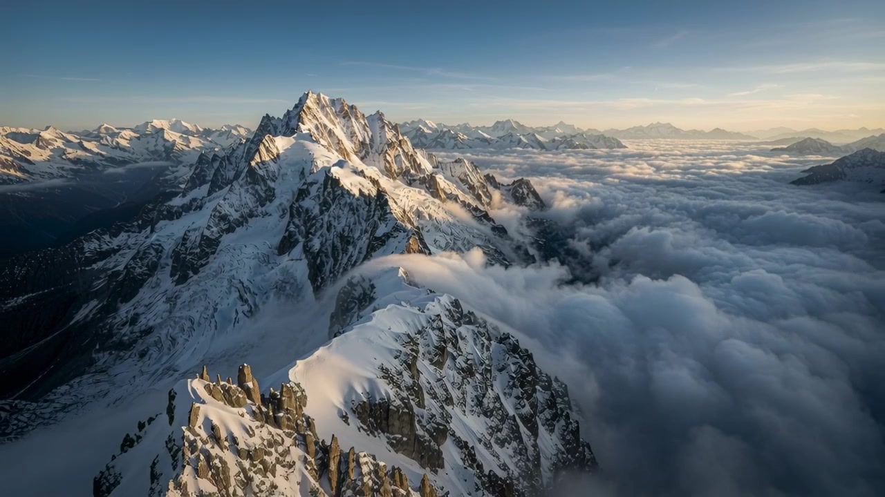 Telecamera drone che si lancia scivolando in avanti lungo una cresta montuosa innevata, rivelando un mare di nuvole.