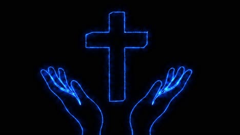 the cross of jesus christ between two hands in blue energy