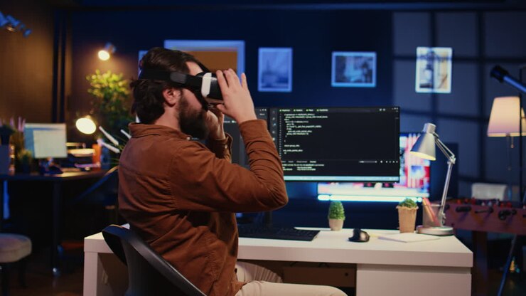 Remote software developer using VR goggles in personal office at home