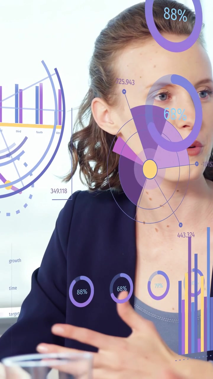 Vertical video: Woman starting speech, pointing tablet, presenting biz charts with % rings layering