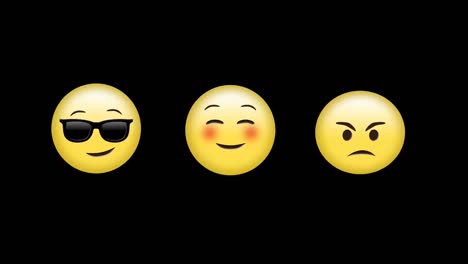 digital animation of angry, blushing and face wearing sunglasses emojis against black background