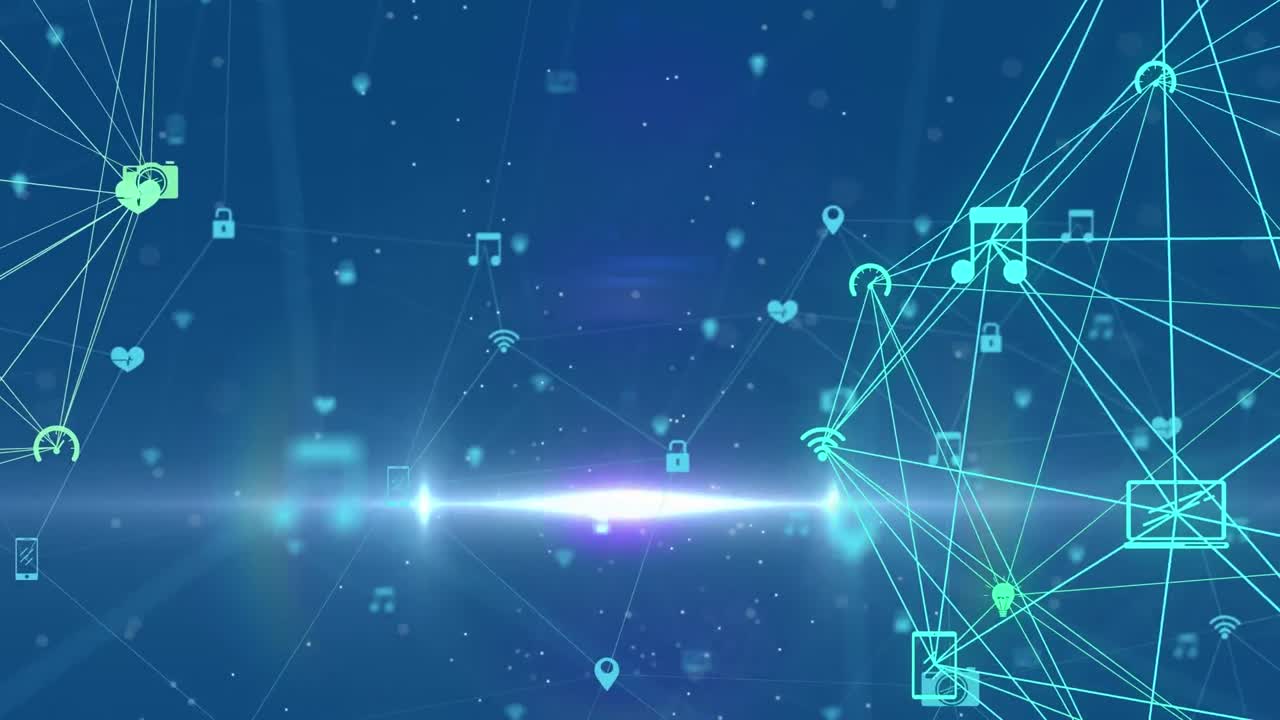 연결된 아이콘의 애니메이션은 파란색 배경에 점 위에 지구를 형성합니다.