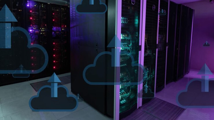 Animation clouds and arrow moving upwards over data server racks