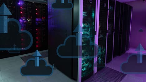 Animation-clouds-and-arrow-moving-upwards-over-data-server-racks