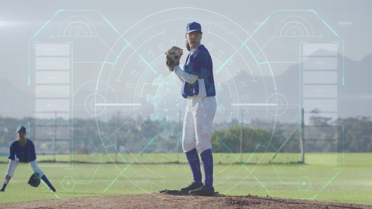Baseball player pitching on field with digital data overlay animation