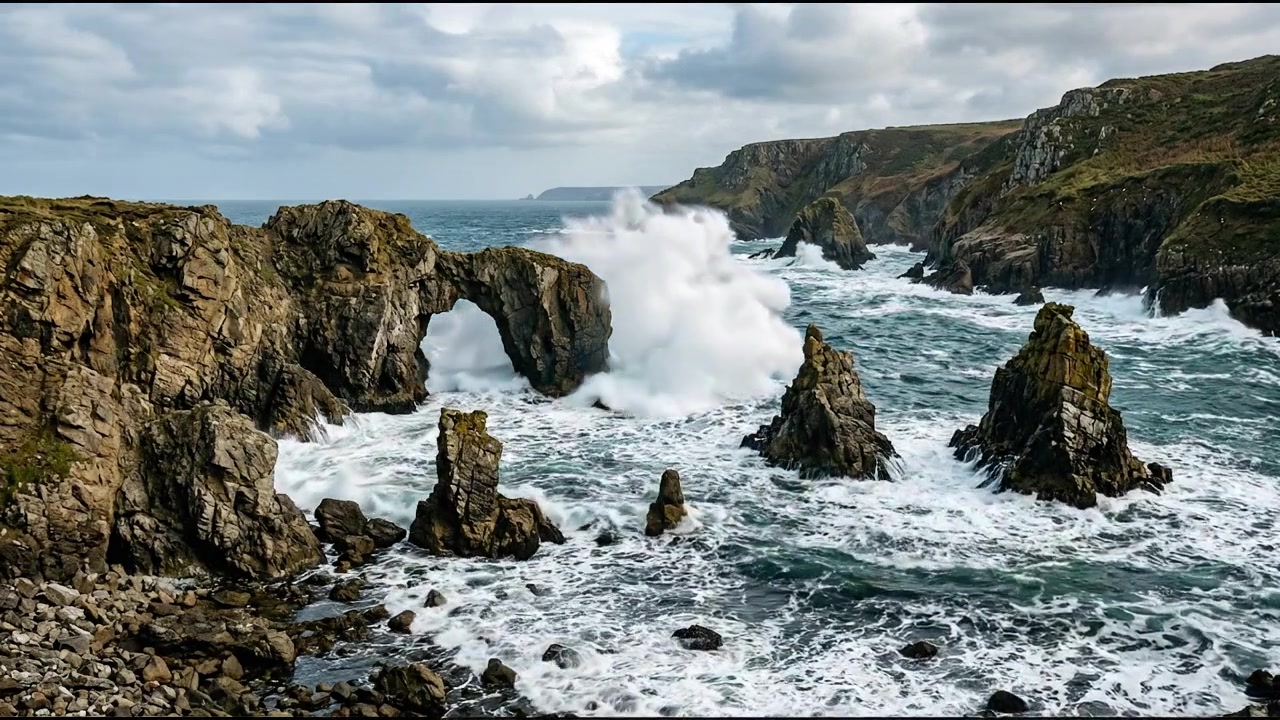 Maestose e drammatiche onde oceaniche che circondano rocce frastagliate lungo una costa selvaggia