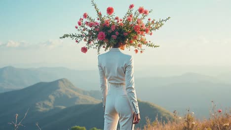 mujer con un tocado floral en la cima de la montaña